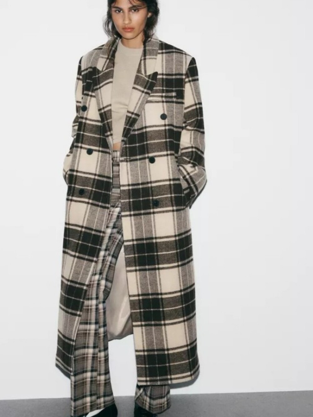 Zara Extra Long Plaid Double Breasted Wool Coat Sz-L